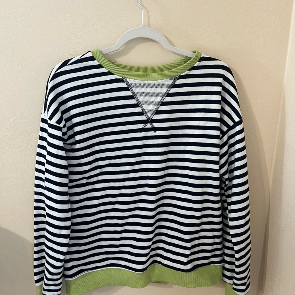 Striped Dark Blue and White Sweater with Green Accents